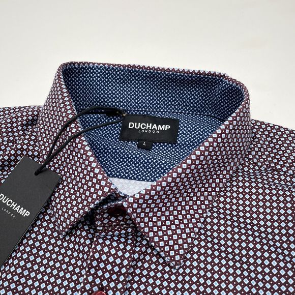 Duchamp Button Down Shirt Mens Large Blue Red Geometric Long Sleeve‎ Knit NEW - Picture 3 of 12